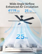 52 Inch Ceiling Fans with Lights and Remote, Black Ceiling Fan with 5 Blades, 6 Speed Reversible DC Motor, 3CCT Dimmable LED, Modern Design for Bedroom, Living room & Covered Outdoor,Includes Downrod