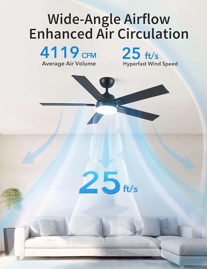 52 Inch Ceiling Fans with Lights and Remote, Black Ceiling Fan with 5 Blades, 6 Speed Reversible DC Motor, 3CCT Dimmable LED, Modern Design for Bedroom, Living room & Covered Outdoor,Includes Downrod