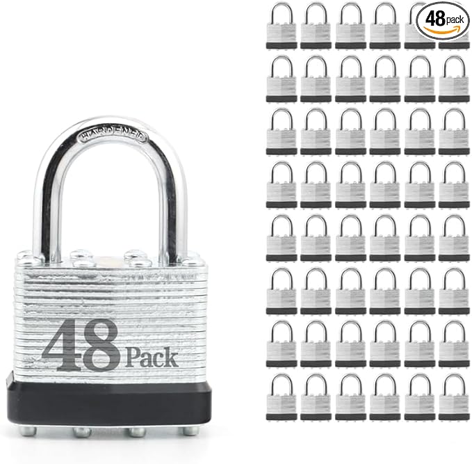 ZonRo Locks Laminated Steel Keyed Padlocks,Keyed Alike Locks, 1-9/16 inch Wide,Normal Shackle Padlocks, Pack of 48，Black Hoop, for Hasp Latch, Sheds, Fences, Storage Locker, School, Gym…