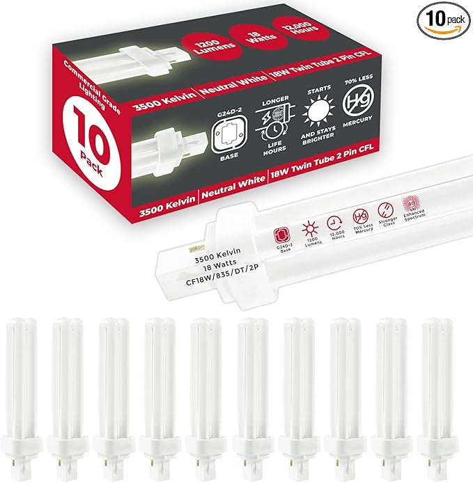 GoodBulb 18 Watt CFL Light Bulbs 2 Pin G24D-2 Base 3500K Neutral White 18W High Output 1200 Lumens Double Tube Compact Fluorescent Light Bulbs Plug-in 10 Pack