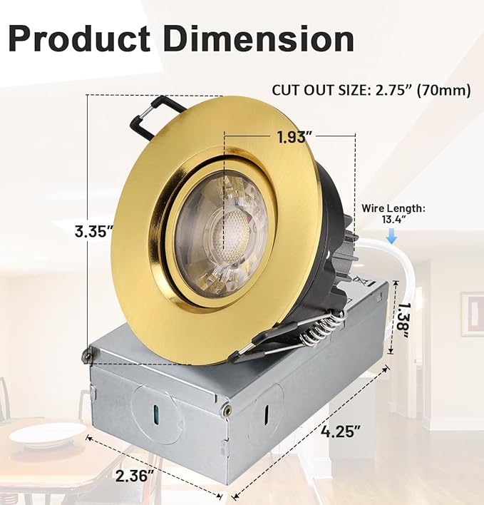 Premium 3-inch LED Recessed Lights - 5 CCT 3 Inch Eyeball Ceilling Gimbal Potlight, Dimmable Recessed Lights Fixture with Junction Box, 8W CCT Adjustable, Shiny Gold, 6P