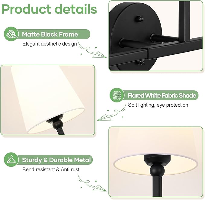 Bathroom Light Fixtures, 3-Light Matte Black Vanity Lights, Bathroom Lighting Fixtures Over Mirror with Flared White Fabric Shade, Modern Wall Sconces for Living Room Hallway
