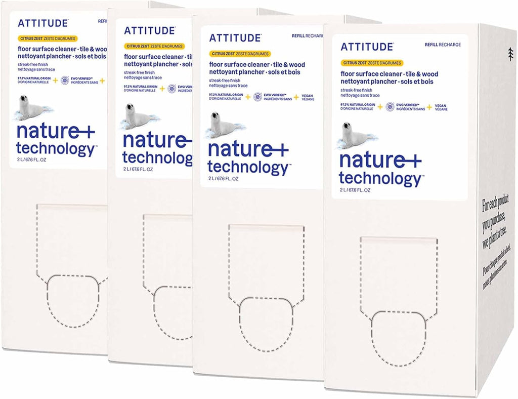 ATTITUDE Floor Cleaner Refill, EWG Verified, Streak-Free, Vegan & Plant-Based for Tile, Wood & Laminate Floors, Citrus Zest Scent, 67.6 Fl Oz (Pack of 4)