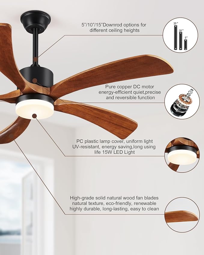 60 Inch Ceiling Fans with Lights Remote Control, Modern Ceiling Fan 5 Blades Wood Fan for Outdoor, 3 Downrods, ETL Listed, Timer, 6 Speeds Reversible Quiet Dc Motor for Patios, 60in Yellow Walnut