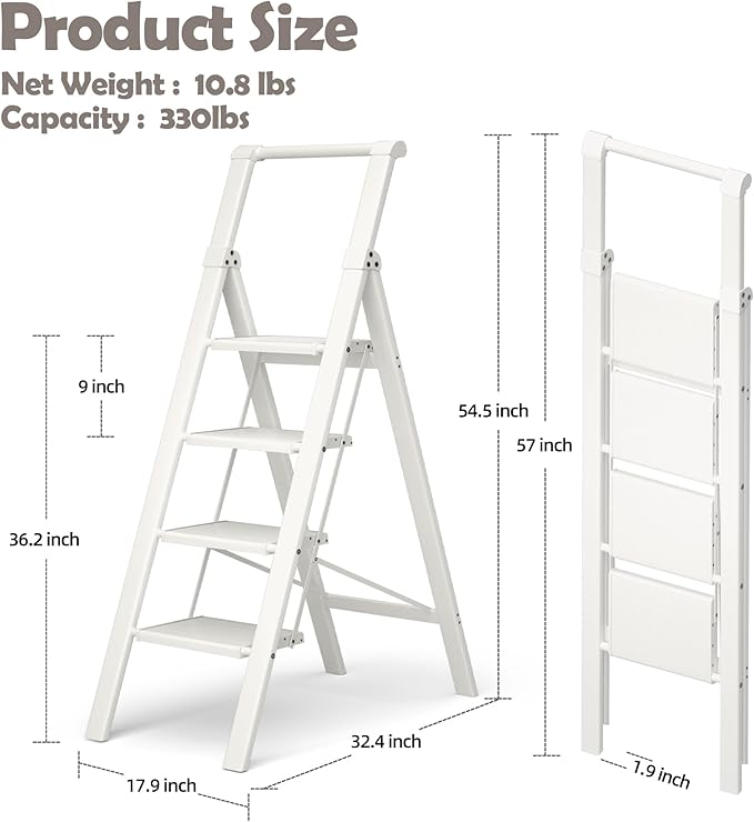 HillhutApex 4 Step Foldable Aluminum Step Ladder with Handgrip, Anti-Slip Pedal, 330 lbs Capacity, Lightweight & Portable for Home, Kitchen, Office, Garage (White)