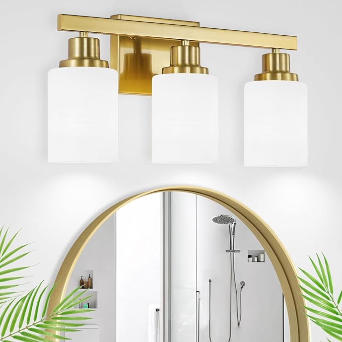 3-Light Gold Bathroom Light Fixtures, Modern Vanity Light with Milky White Glass Shade, Gold Wall Lamp Sconces for Mirror, Bedroom, Living Room, Hallway