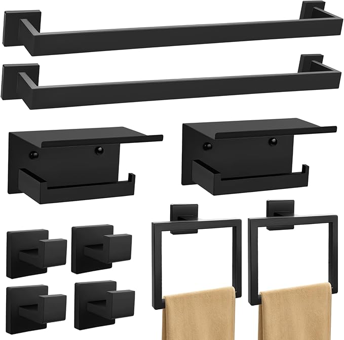 Matte Black Towel Bar Set 10-Piece Black Bathroom Hardware Set Towel Holder Set Includes 23.6 Inch Towel Bar,Toilet Paper Holder with Shelf,Stainless Steel Wall-Mounted Bathroom Set