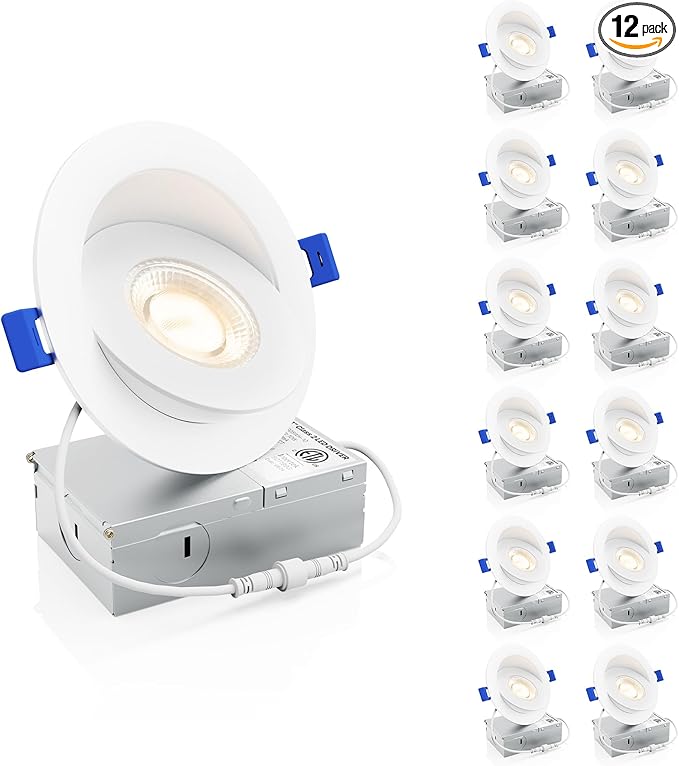 Ensenior 12 Pack 4 inch 5CCT LED Gimbal Led Recessed Light with Junction Box, 360°+90° Adjustable Directional Eyeball Lighting, Dimmable, 2700K/3000K/3500K/4000K/5000K, 950LM, 10W=85W-ETL&FCC