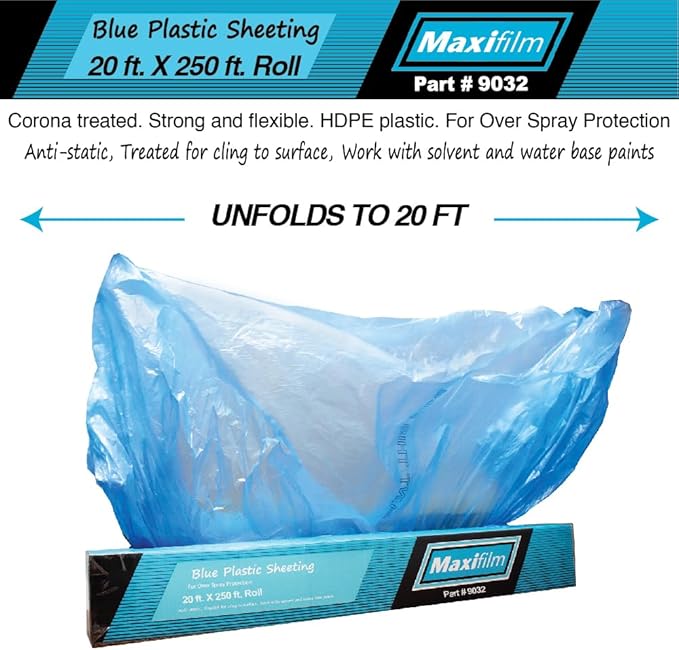MAXIFILM 20ft x 250ft Roll of Blue Overspray Paintable Masking Plastic Sheeting -8 Micron, 0.3 Mil, Protective Masking Film Cover, Auto Painting, Cover Cloth Home Walls Furniture (2, 20ft x 250ft)