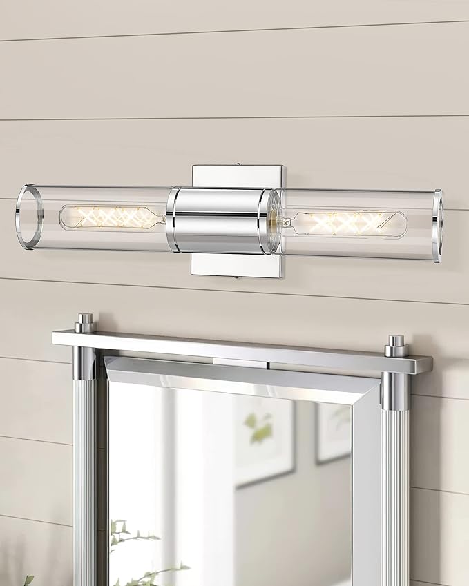 Bathroom Vanity Light Fixtures, Chrome Wall Lights in Clear Glass Indoor Wall Sconce, Modern Wall Light Up and Down Wall Mount Lamp for Bathroom, Bedroom, Hallway, Kitchen, VL834-CH-CL