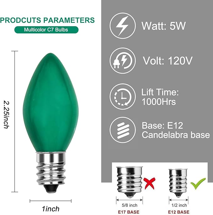 25 Pack C7 Replacement Christmas Light Bulb, Christmas Green Replacemen Bulb C7/E12 Base for Outdoor String Lights Window Candles Chandeliers Salt Lamp, 5 Watt