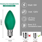 25 Pack C7 Replacement Christmas Light Bulb, Christmas Green Replacemen Bulb C7/E12 Base for Outdoor String Lights Window Candles Chandeliers Salt Lamp, 5 Watt