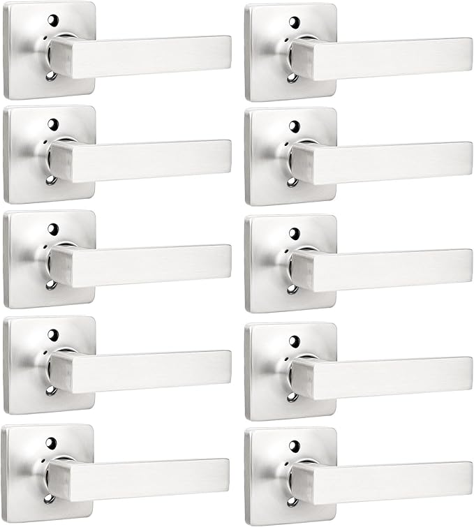 GOBEKOR 10 Pack Single Dummy Lever Door Handle Satin Nickel Square Non-Turning Door Levers Straight Dummy Handle for Closet French Doors
