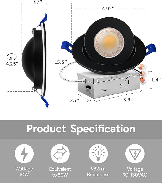 Adetu 4 inch 5CCT Gimbal Black Led Recessed Lights, 360°+90° Adjustable Directional Recessed Lighting, 2700K/3000K/3500K/4000K/5000K Dimmable Retrofit Eyeball Can Lights with Jbox, ETL（Black, 6 Pack）