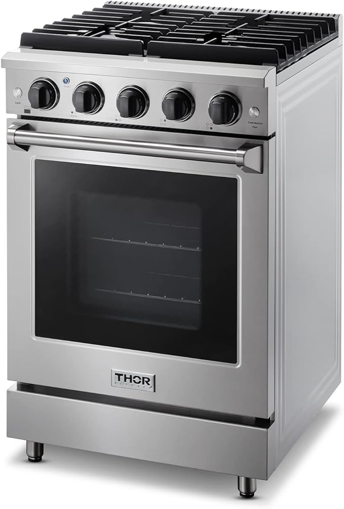 Thor Kitchen 24 in. Freestanding Gas Range LRG2401U with 4 Sealed Burners, 3.7 cu. ft. Oven, Storage Drawer, Cast Iron Grate in Stainless Steel
