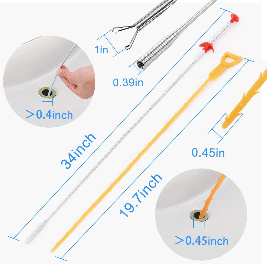 Omont Snake Drain Hair Clog Remover Tool, 34 Inch Stainless Steel Claw and 3 Pack 19. 7 Inch Plastic Sink Unclogger Tool, Sink Drain Cleaner Tool for Kitchen, Sink Bathroom, Tub Toilet Orange (3+1)