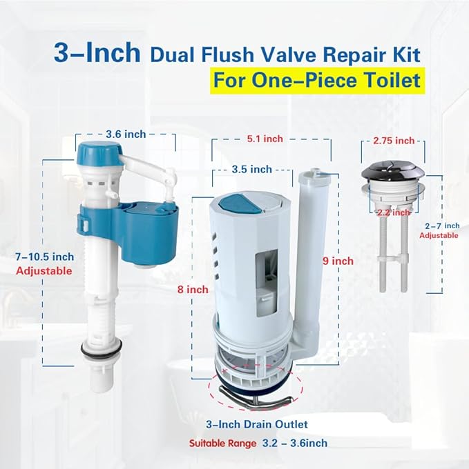 3 Inch Top Dual Flush Valve Repair Kit for One Piece Toilet (10"-13" Tank Height) - Fits 3.2"-3.6" Drain Holes | Includes 3 Inch Flush Valve, 2.2" Thread Push Button, Fill Valve