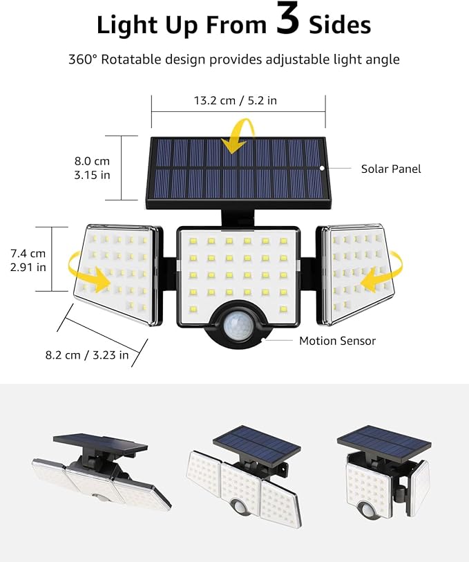 LE Solar Lights for Outside, Solar Lights Outdoor with Motion Sensor, WL4000 High Brightness, 3 Adjustable Heads 270° Wide Lighting Angle, IP65 Waterproof, Wireless Wall Lamp for Yard Garage, 2 Packs