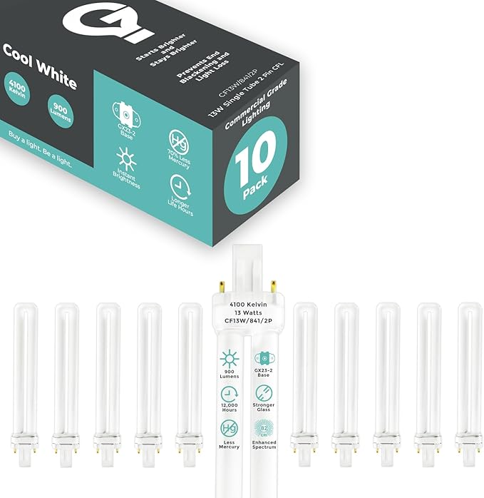 GoodBulb 13 Watt CFL Light Bulbs | 2 Pin GX23 Base 4100K Cool White | 13W High Output 800 Lumens | Single Tube Compact Fluorescent Light Bulbs Plug-in | 10 Pack