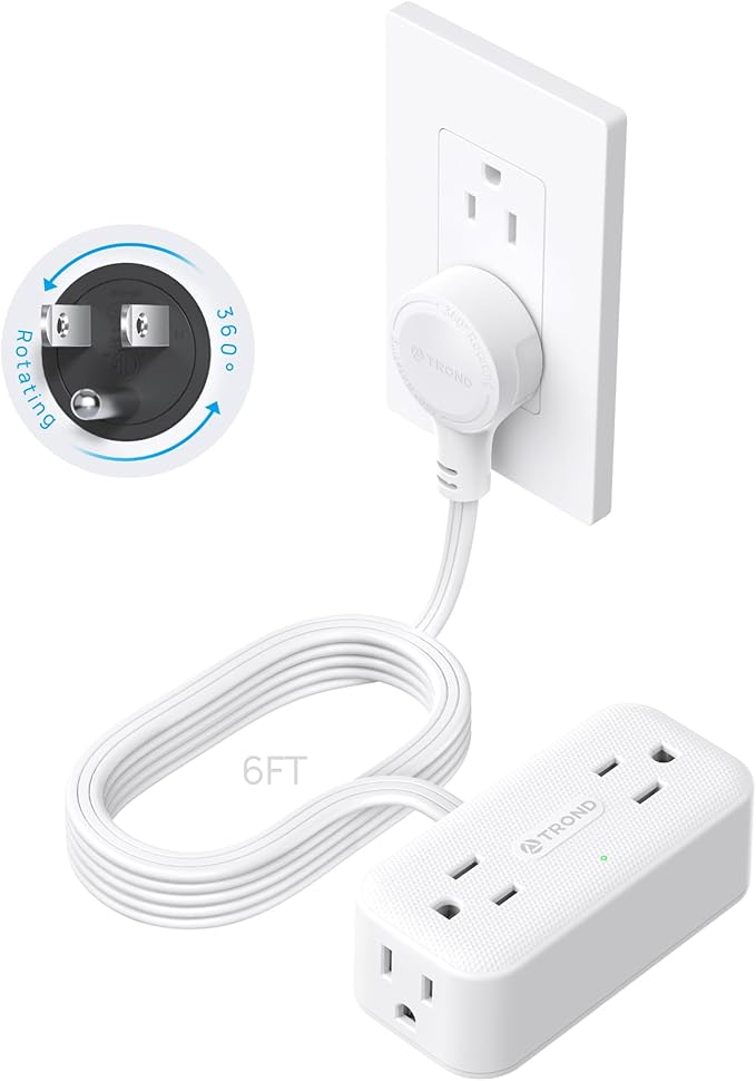 TROND 360° Rotating Plug 6FT Extension Cord, 4 Widely Spaced AC Outlets, Flat Plug Surge Protector, Wall Mount, Surge Protection Power Strip for Travel Kitchen Dorm Room Essentials, White