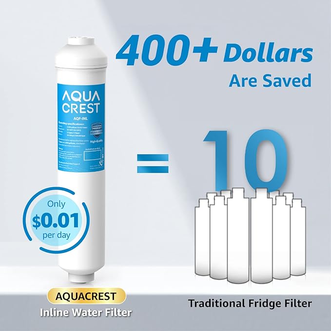 AQUA CREST 5 Years Capacity -Inline Water Filter for Refrigerator with 1/4-Inch Direct Connect Fittings, Idea for Ice Maker, RV, Refrigerator, RO System, In Line Water Line Filter, Reduces PFAS/PFOA