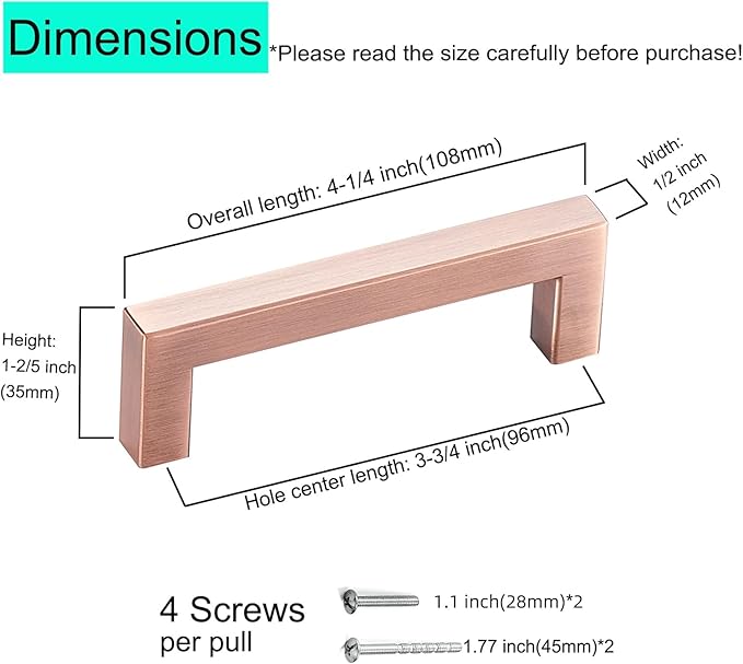 10 Pack Kitchen Cabinet Handles 3 3/4 Inch Hole Center Antique Copper Drawer Pulls Stainless Steel Square Cabinet Pulls Drawer Knobs Cupboard Handles