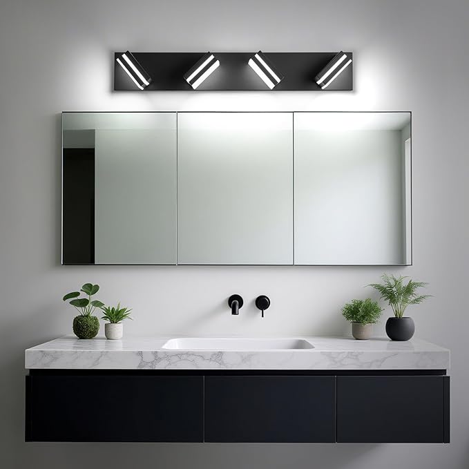 Modern LED Bathroom Lights Fixtures(4-Light),Metal Black Acrylic Wall Lighting,Vanity Lights for Bathroom Over Mirror(6000k 27In