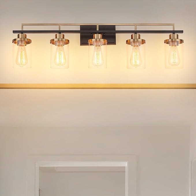 Emliviar 36 Inch 5-Light Bathroom Light Fixtures with Clear Glass Shade, Modern Vanity Lights Over Mirror for Bathroom, Bedroom, Hallway, Black and Gold Finish, YCE238B-5W BK+BG