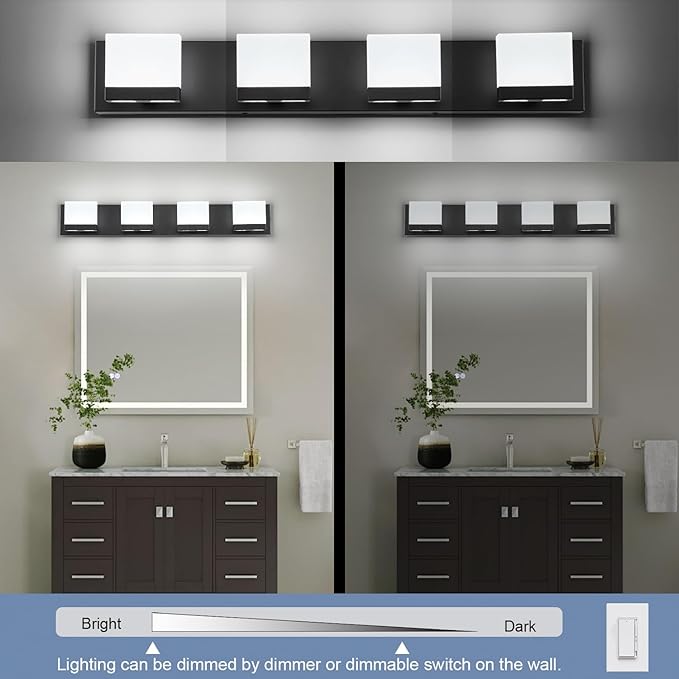 SineRise LED Modern Bathroom Vanity Light Fixtures (4-Light, 30-Inch, 5CCT), Matte Black Modern Acrylic Bathroom Wall Lighting Fixtures Over Mirror (3000K/3500K/4000K/5000K/6000K)