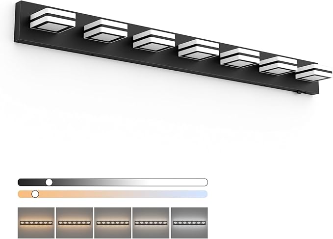 Ralbay 5 Color Temperature Dimmable 46inch Matte Black Vanity Lights Acrylic Modern LED Black Vanity Lighting for Bathroom 7 Lights