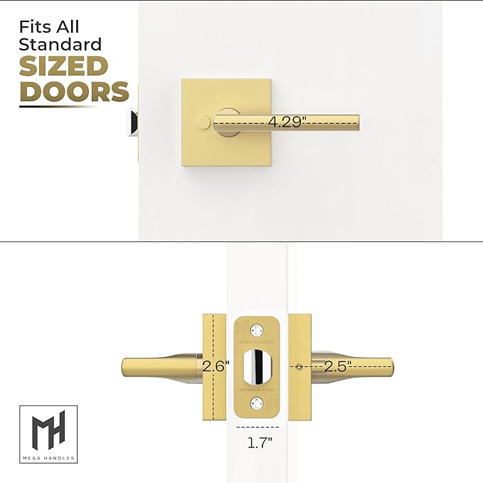 Mega Handles Prime Privacy Lever Door Handle for Hallway, Closet and Bathroom, Keyless Design Door Levers, Fits All Standard Door Sizes, Covered Screws Included - Satin Brass (1 Pack), 4.29"