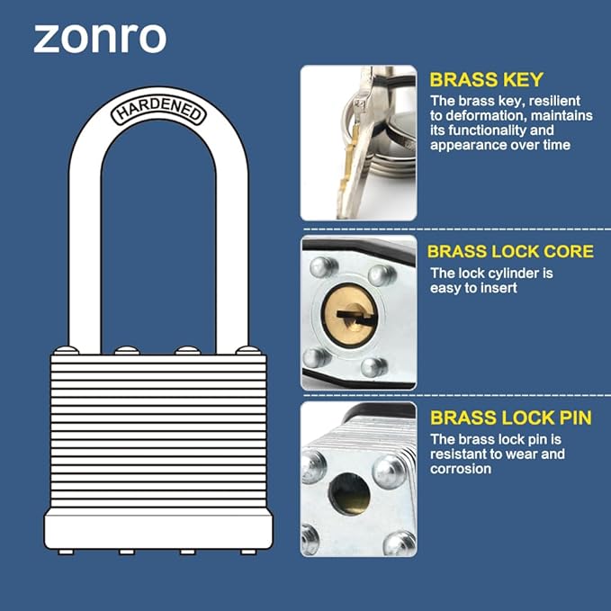 ZonRo Locks Laminated Steel Keyed Padlocks,Keyed Alike Locks, 1-9/16 inch Wide,Long Shackle Padlocks, Pack of 6，Orange Hoop, for Hasp Latch, Sheds, Fences, Storage Locker, School, Gym