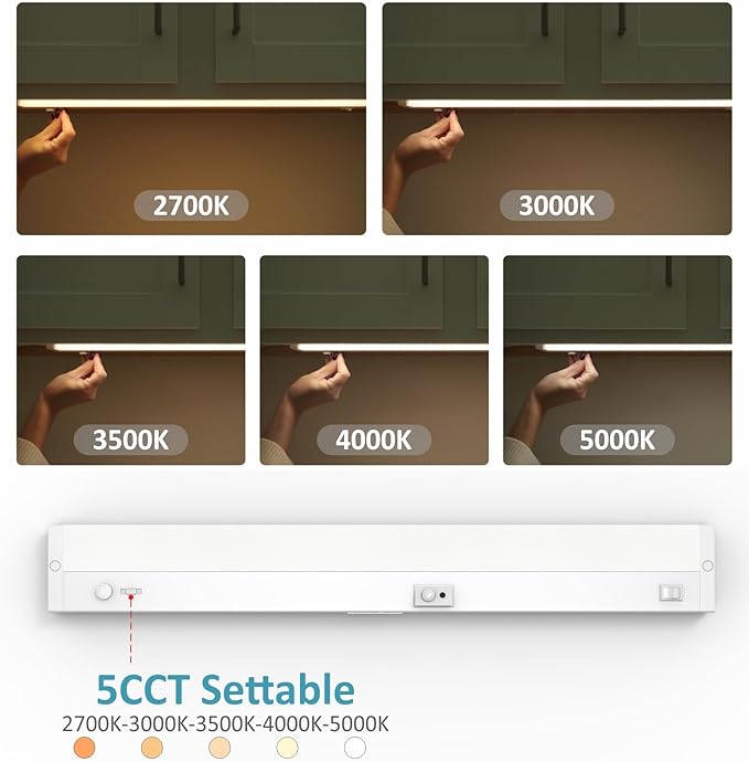 LED Under Cabinet Lighting Motion Sensored Hardwired with Built-in Dimmer, 24 Inch 12W Dimmable 5 Color 2700/3000/3500/4000/5000K, Linkable Eyes Care for Kitchen, Counter, ETL Listed, White