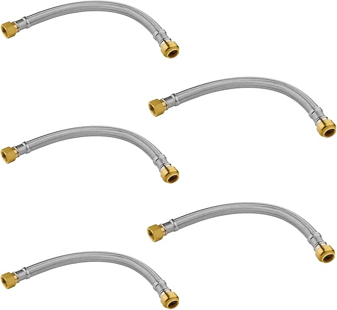 5 Pack Foskan 12-Inch Flexible Water Heater Connector Hose,with 1/2" Push-Fit x 3/4" FIP,Compatible with Copper, PEX, CPVC, and PE-RT Pipes for Water and Heating Use（12" Length）