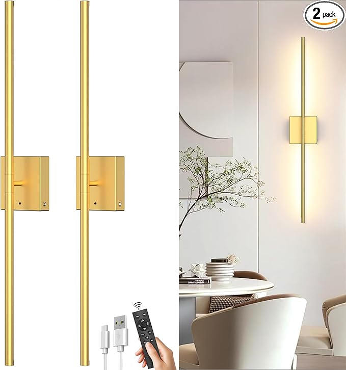 Battery Operated Wall Sconce Set of Two: Wireless Rechargeable Wall Lights with Touch and Remote Control, 360°Rotatable 4CCT Dimmable Cordless Sconces Decor Gold Scone for TV Wall Bedroom Hallway