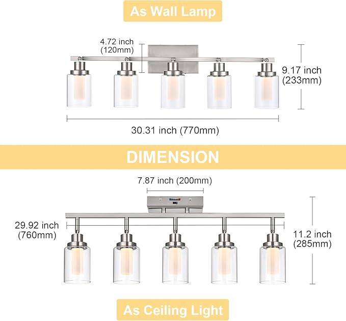 5-Color Temperature 5-Light LED Track Lighting Fixtures Ceiling, Brushed Nickel Spotlight Bathroom Wall Lamp with Integrated LED Chips & Clear Glass Shade & Frosted Column