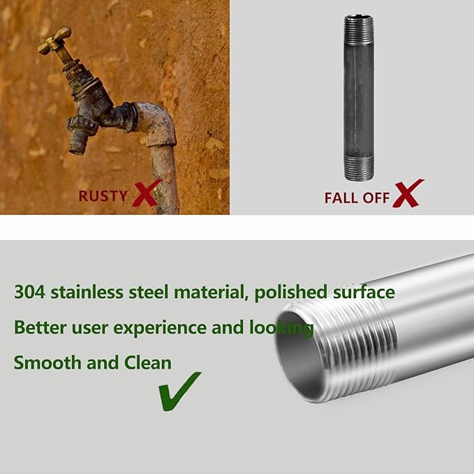 GeilSpace 3/4" x 24" Stainless Steel Pipe, 304 Pipe Nipple Fits Standard 3/4 Inch Threaded Pipes and Fittings, DIY Industrial Metal tube (2 PCS)