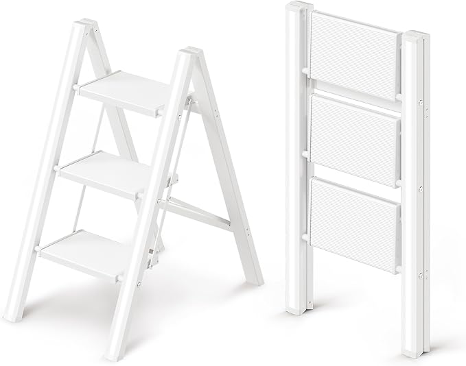GameGem 3 Step Ladder, Folding Step Stool with Wider Pedal, Anti-Slip Feet & Non Slip Stripes, Aluminum Sturdy Material, 300Lbs Capacity, Elegant Look of Modern White Better Matches Your Home