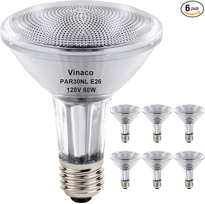 Vinaco PAR30 Long Neck Halogen 60W 120V, Long Lasting 6 Pack PAR30L Flood Light Bulb, PAR30 Dimmable, High Output 1000LM with PAR30 E26 Warm White 2800K Indoor Outdoor PAR30LN