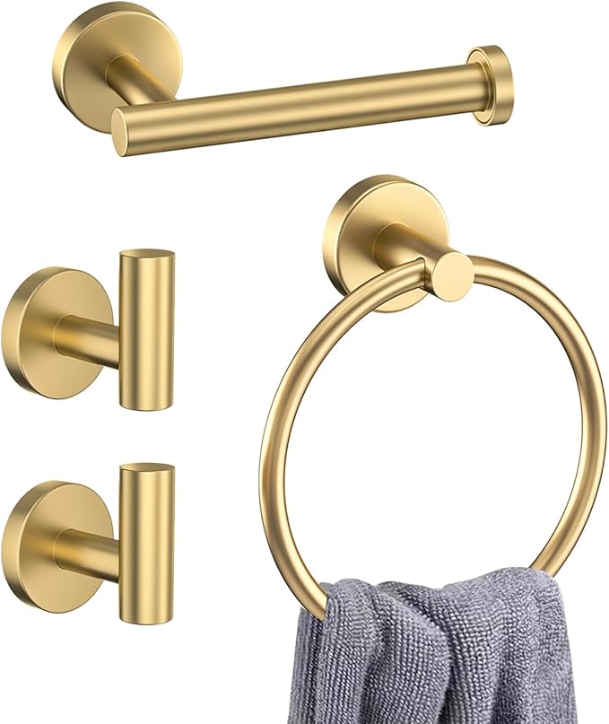 4-Piece Brushed Gold Bathroom Hardware Set,Gold Bathroom Accessories Include Towel Ring,Toilet Paper Holder & 2 Robe Hooks-Rustproof Wall Mounted Bathroom Set