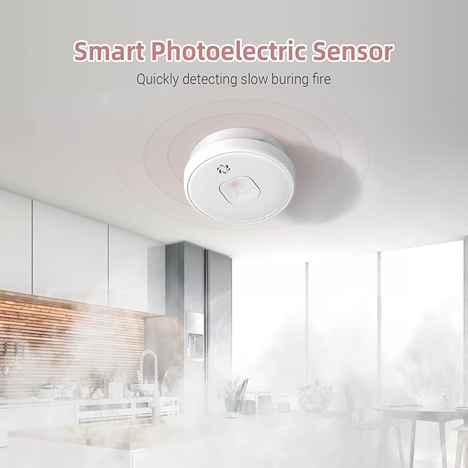 Smoke Detector, 10-Year Smoke Alarm with Photoelectric Sensor and Built-in 3V Lithum Battery, Fire Alarm with Test Button and Low Battery Warning, Fire Safety for Home, 4 Pack