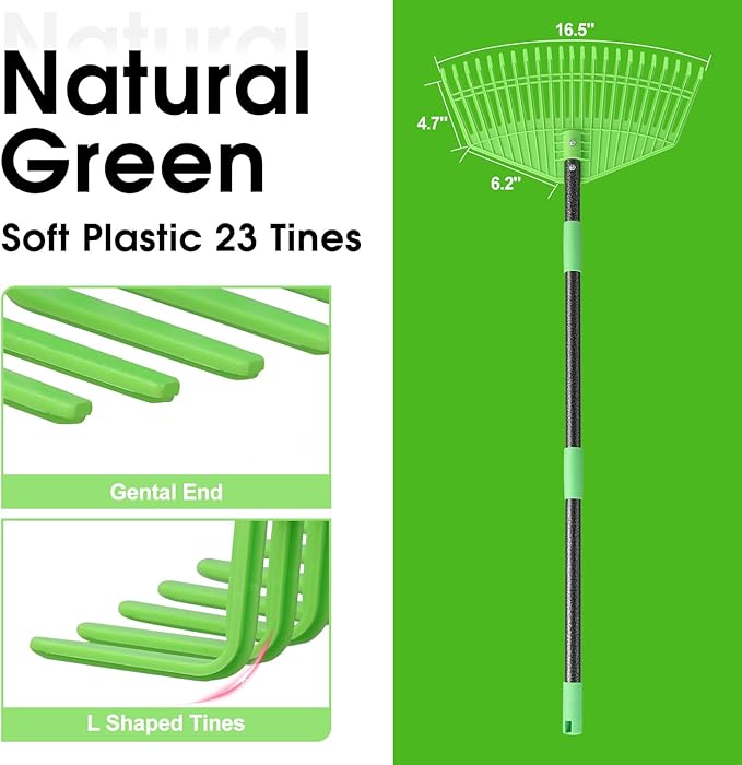 Garden Leaf Rake,16.5” Wide Plastic Leaf Rake for Lawn with 30” Long Handle, Plastic Yard Raking Tools for Lawn Turf Leaves Grass Thatch Debris Pine Needle Cleanup, Lightweight for Kids