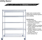 60"x24"x72" Chrome 5-Tier PREMIUM Wire Shelving NSF 4000 LBS MAX CAPACITY Heavy Duty Steel Storage Rack for Warehouses, Garages, Hospitals, Commercial Spaces, & Schools w/PREMIUM WHEELS