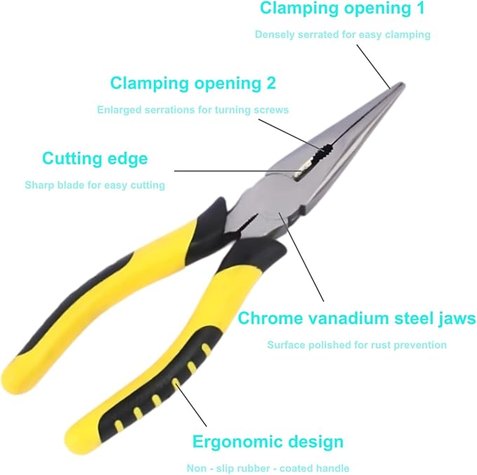 8-Inch Needle Nose Pliers: Paper Clamp Precision, Premium Heavy-Duty CRV Steel, Large Soft Grip with Wire Cutter,Chrome Vanadium Steel Long Nose Cutting Pliers