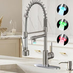 Smart Kitchen Faucet, 3 Modes Pull Down Sprayer, LED Temperature Control, Ceramic Valve,360-Degree Rotation,1 or 3 Hole Deck Plate, Double Spout. 10-Year Warranty. (KW-21SN, Brushed Nickel)
