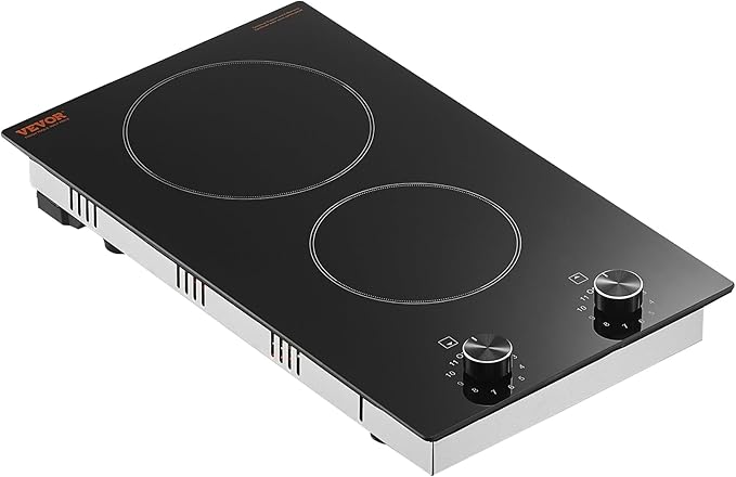 VEVOR Electric Ceramic Cooktop, Built-in Electric Stove Top, with Glass Panel, Knob Control, 11 Heat Levels, for Diverse Cooking Requirements (12inch-2burners/220V)