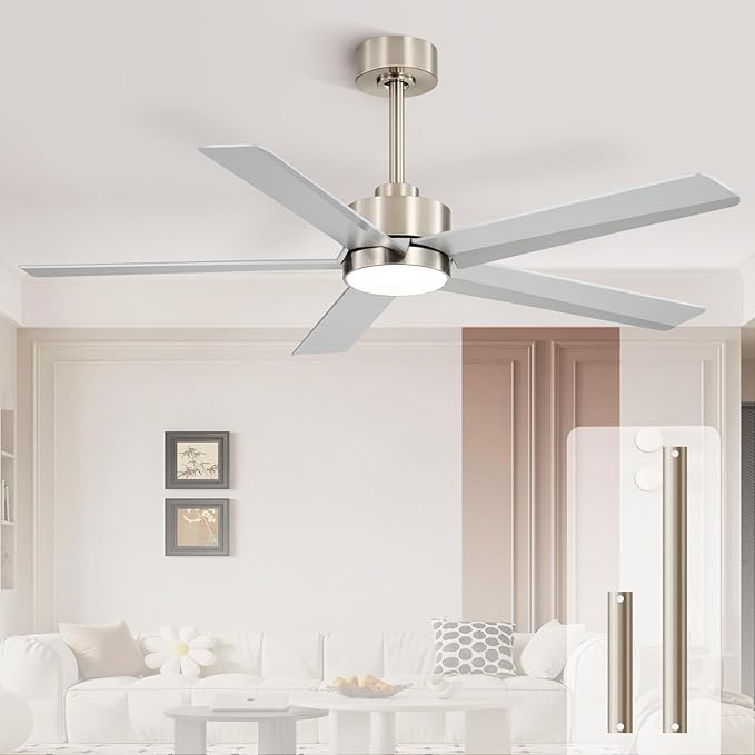52 Inch Ceiling Fans with Lights and Remote for Bedroom Living Room Kitchen Office, Indoor/Outdoor Use, 3CCT Dimmable, 5 Blades 6 Speed Reversible Quiet DC Motor, Sand-nickel/Silver
