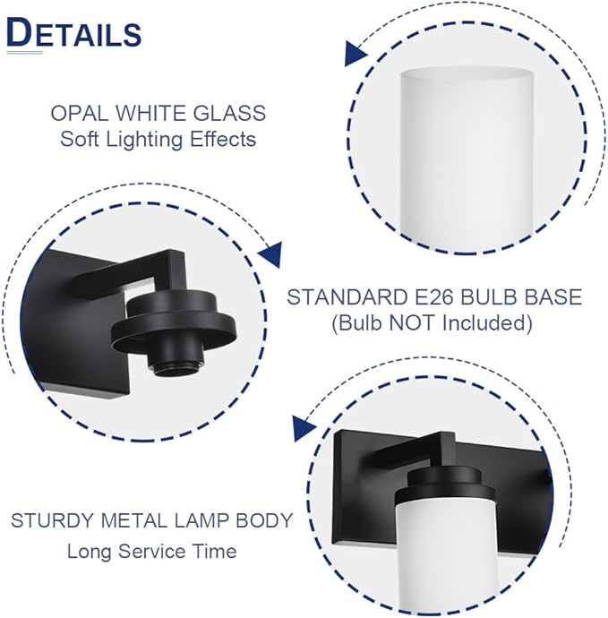 TODOLUZ Wall Sconce Lighting Over Mirror, 3-Lights Matte Black Bathroom Vanity Light Fixtures with Opal White Glass, Wall Mount Bath Light for Dressing Table Hallway Bedroom