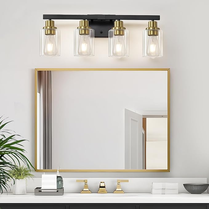 Bathroom Vanity Light, 4-Light Black and Gold Bathroom Light Fixtures with Clear Glass Shade, Bathroom Lighting Fixtures Over Mirror,Bath Black Wall Lights for Mirror Bedroom,Living Room