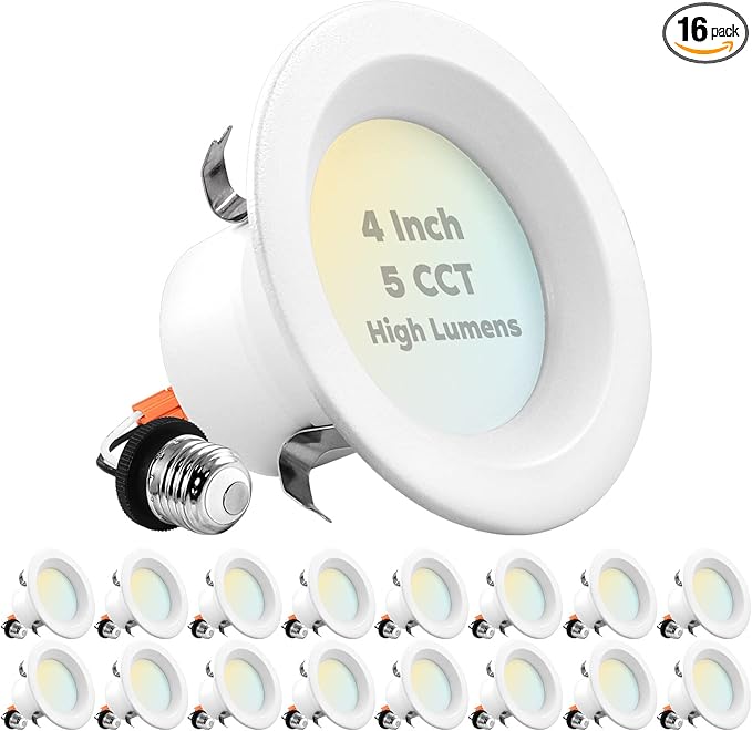 LUXRITE 16-Pack 4 Inch LED Recessed Can Lights, 14W=75W, 5 Color Options 2700K-5000K, 950 Lumens, Dimmable LED Retrofit Kit, Wet Rated, IC Rated, Recessed Ceiling Lights, Energy Star, ETL Listed